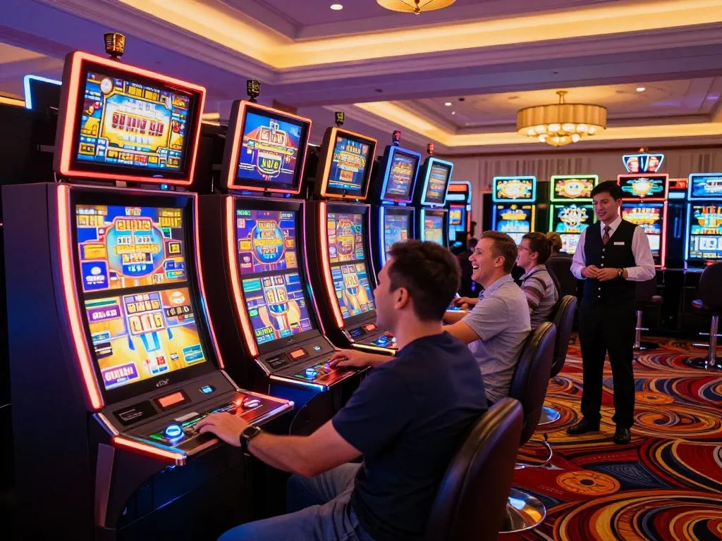 Players enjoying vibrant situs slot games in a lively casino atmosphere.