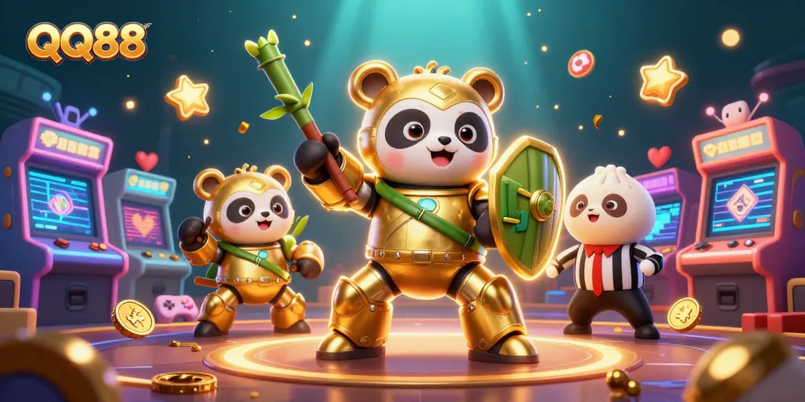 Experience thrilling gaming action at QQ88 with a dynamic 3D illustration showcasing vibrant characters and casino elements.