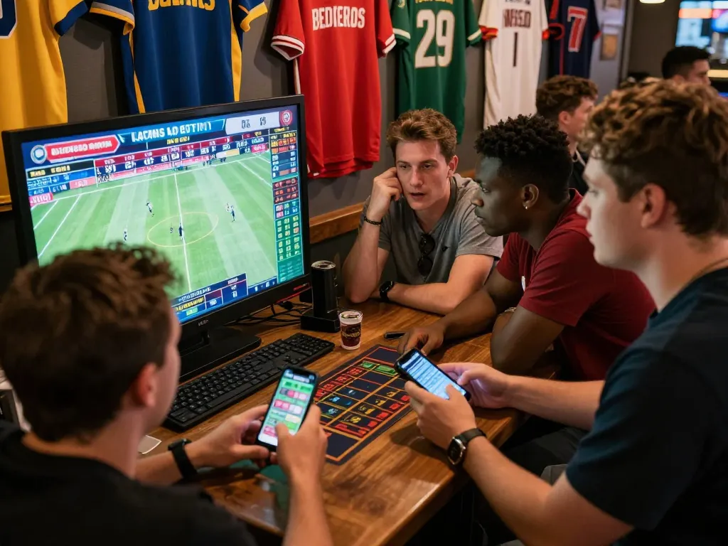 Exciting group betting on sports games at a lively bar showcasing keonhacai 5 edition.