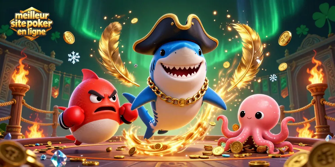 Le meilleur site de poker en ligne avec un requin pirate, un poisson-globe et une pieuvre en illustration 3D