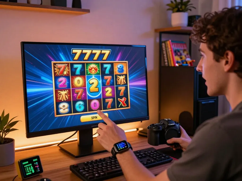 Engaging gameplay of slot777 with a player poised to spin, showcasing an exciting home gaming atmosphere.