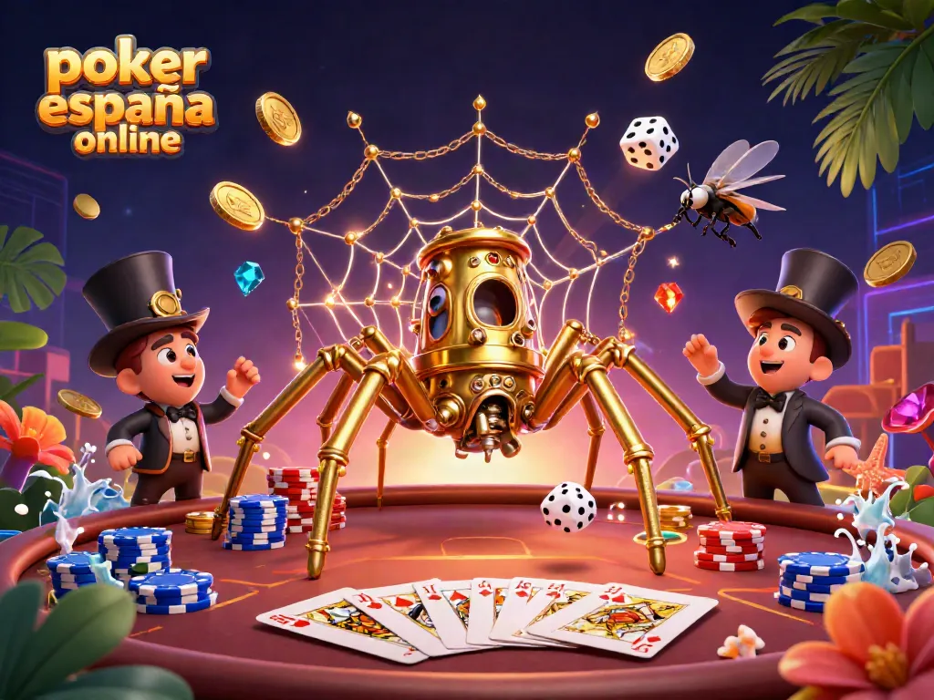 Disfruta del poker españa online en una vibrante escena con una araña dorada y monedas brillantes.