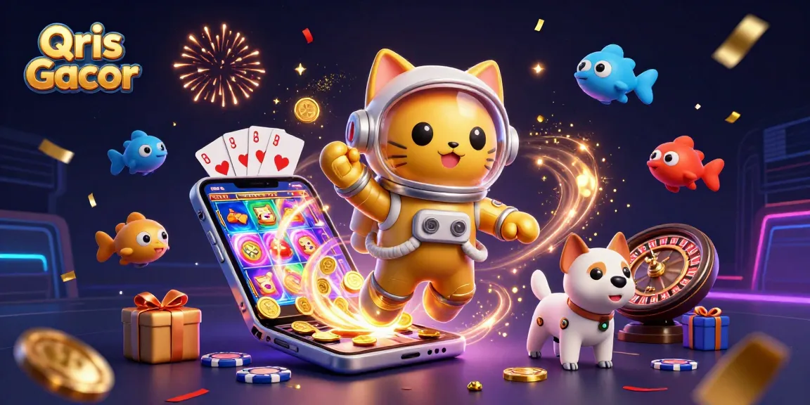 Win big with Qris Gacor in an immersive 3D casino scene featuring colorful slot games.