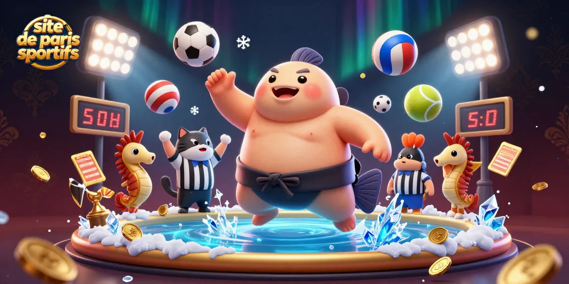 Vibrante illustration 3D d'un site de paris sportifs, avec fugu et éléments de jeu captivants.