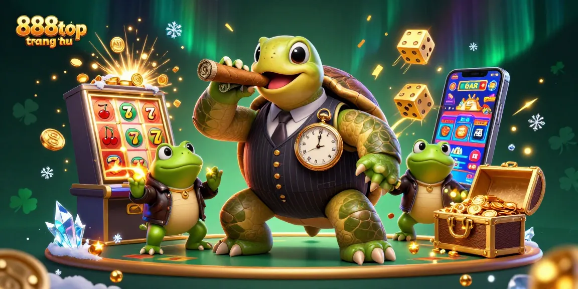 Engage with 888top trang chủ through vibrant casino-themed art featuring lively characters and game elements.