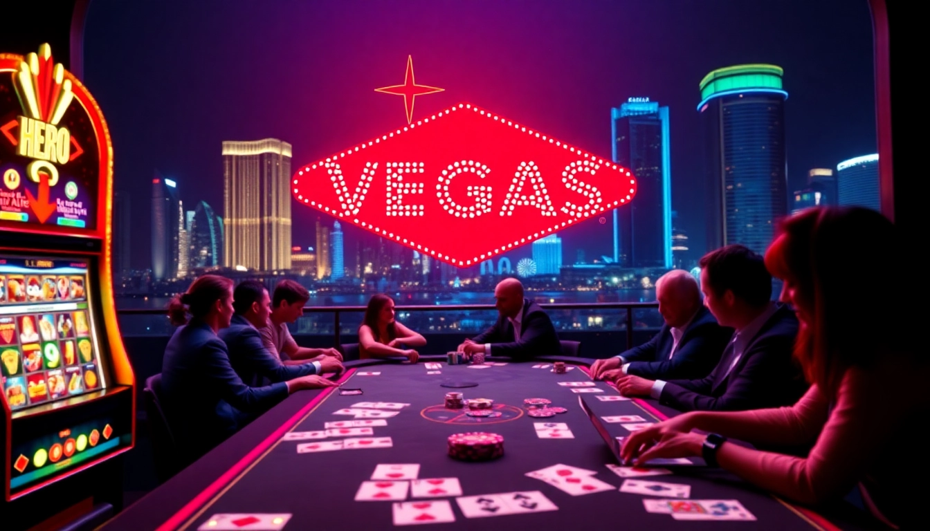 Engaging portrayal of the Vegas hero logo with casino gameplay highlighting excitement.