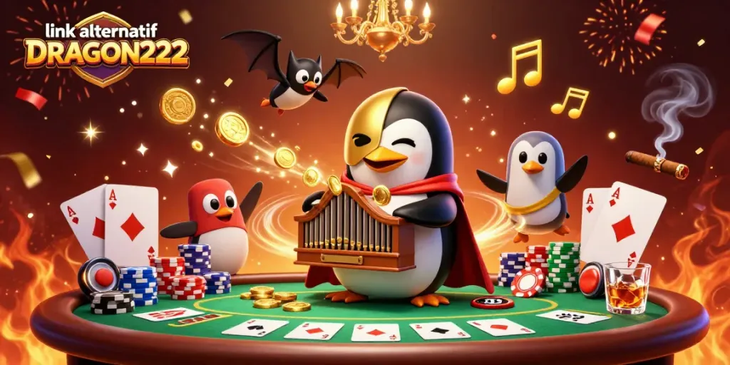 Experience the thrill of gaming with link alternatif DRAGON222 as a 3D penguin plays a golden pipe organ, surrounded by casino elements.
