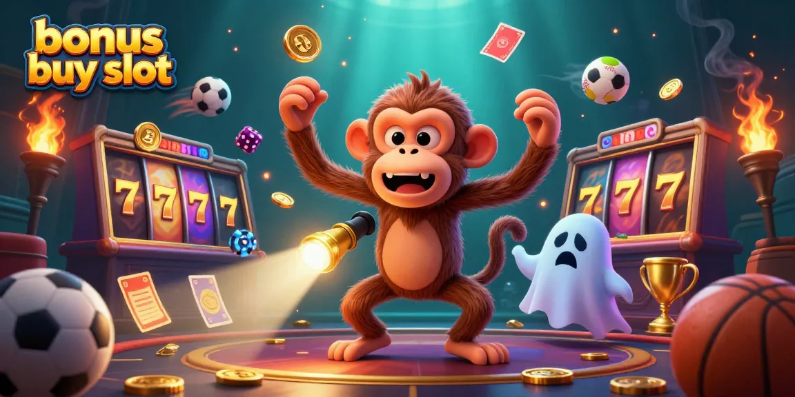 Engage with thrilling bonus buy slot mechanics featuring an animated monkey and ghost-hunter puppy in a dynamic casino scene.
