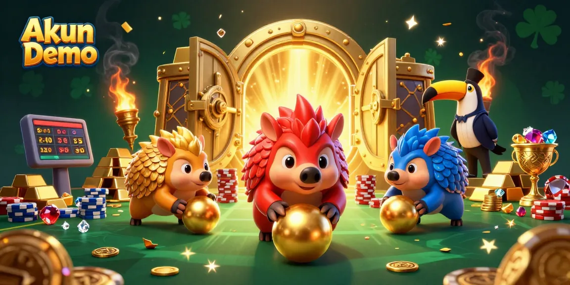 Akun Demo showcases a dynamic scene with rival pangolins amidst casino treasures and vibrant gaming elements.