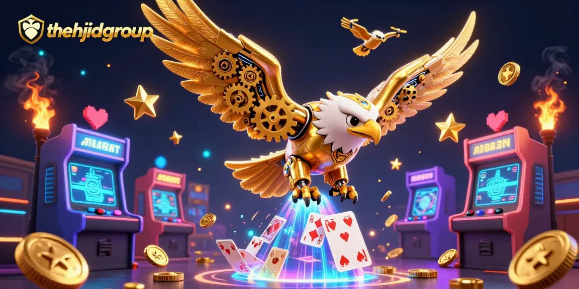 Thehajdugroup presents a vibrant 3D scene with a futuristic golden eagle diving through playing cards, signifying casino strategy.