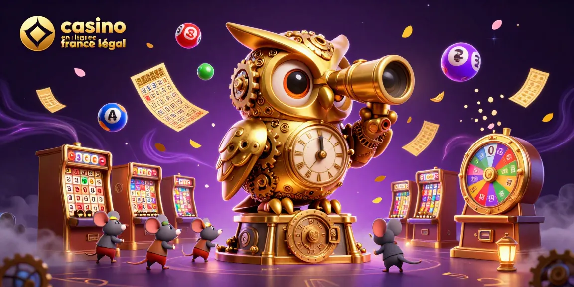 Le jeu dans un casino en ligne légal en France avec un hibou doré et des éléments de loterie colorés.