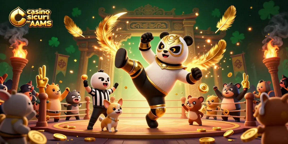 Giocando nei casino sicuri non AAMS, un panda wrestler esegue un calcio volo circondato da una folla festante.