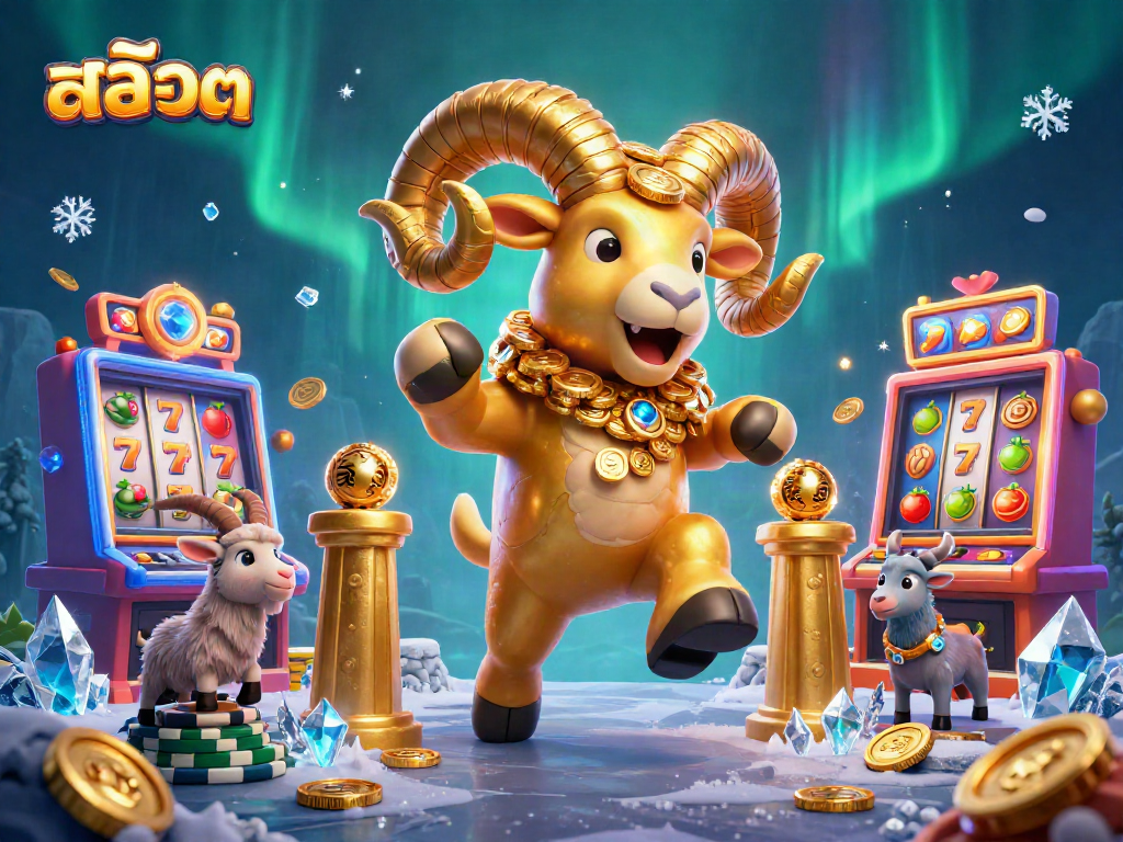 Engage with สล็อต in a vibrant casino scene showcasing a charging golden ram and lively slot machines.