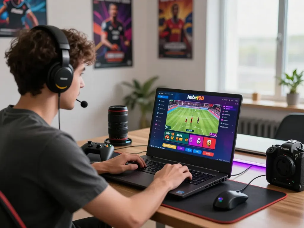 Player engaged with hubet88 online betting platform in a vibrant home office