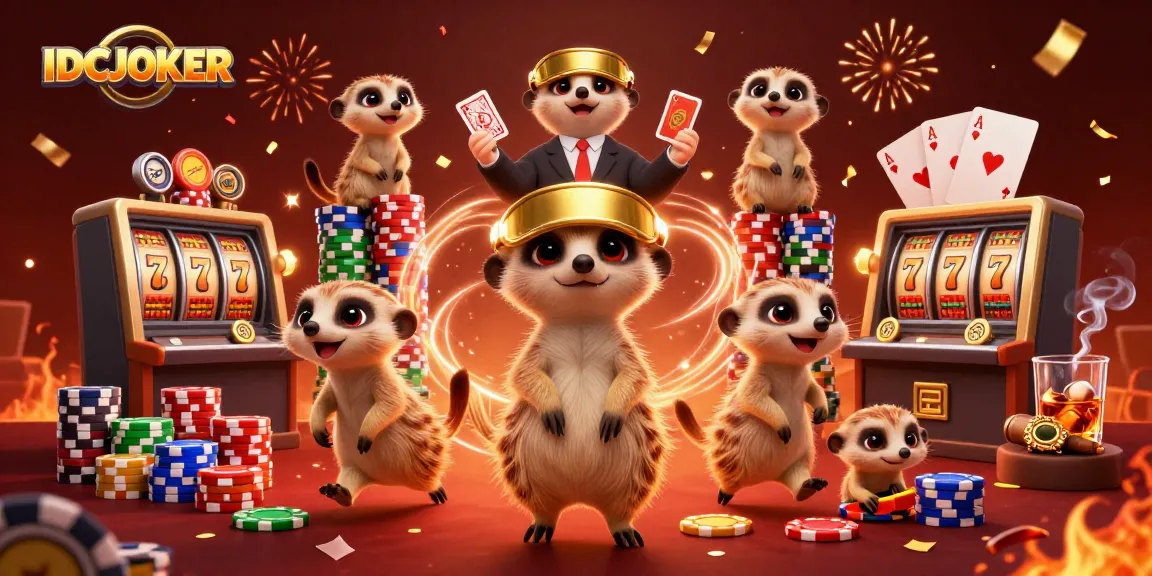 IDCJOKER meerkats orchestrating a vibrant online casino experience with slot reels and a jackpot counter.