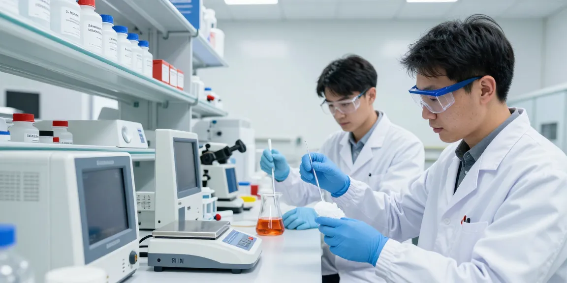 Buy lab chemicals online in a modern lab with researchers using safety equipment and precision instruments.