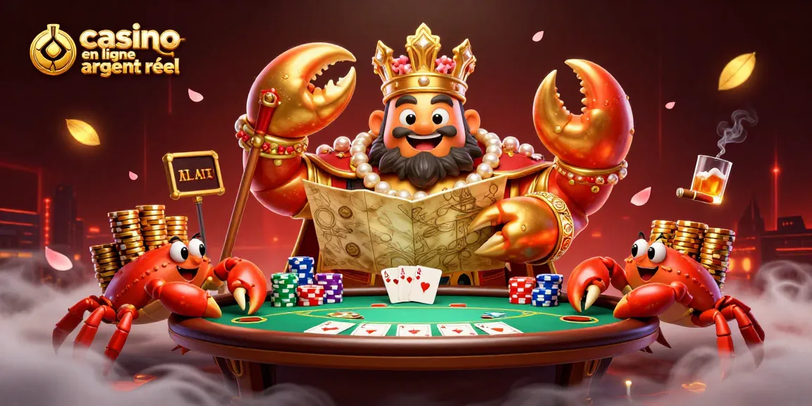 Casino en ligne argent réel avec un crabe doré en empereur tenant une carte au trésor et des jetons, ambiance festive.