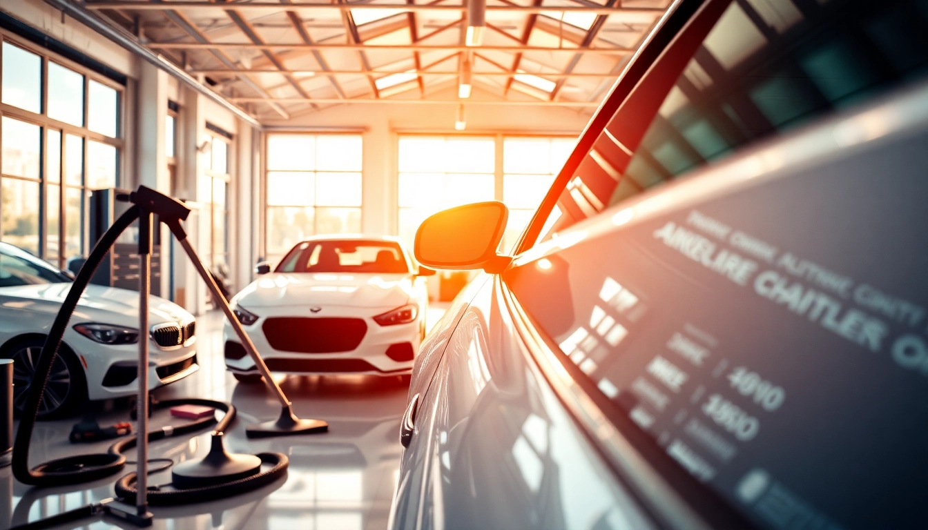 Car detailing near me showcased in a clean, professional garage setting with sparkling vehicles.