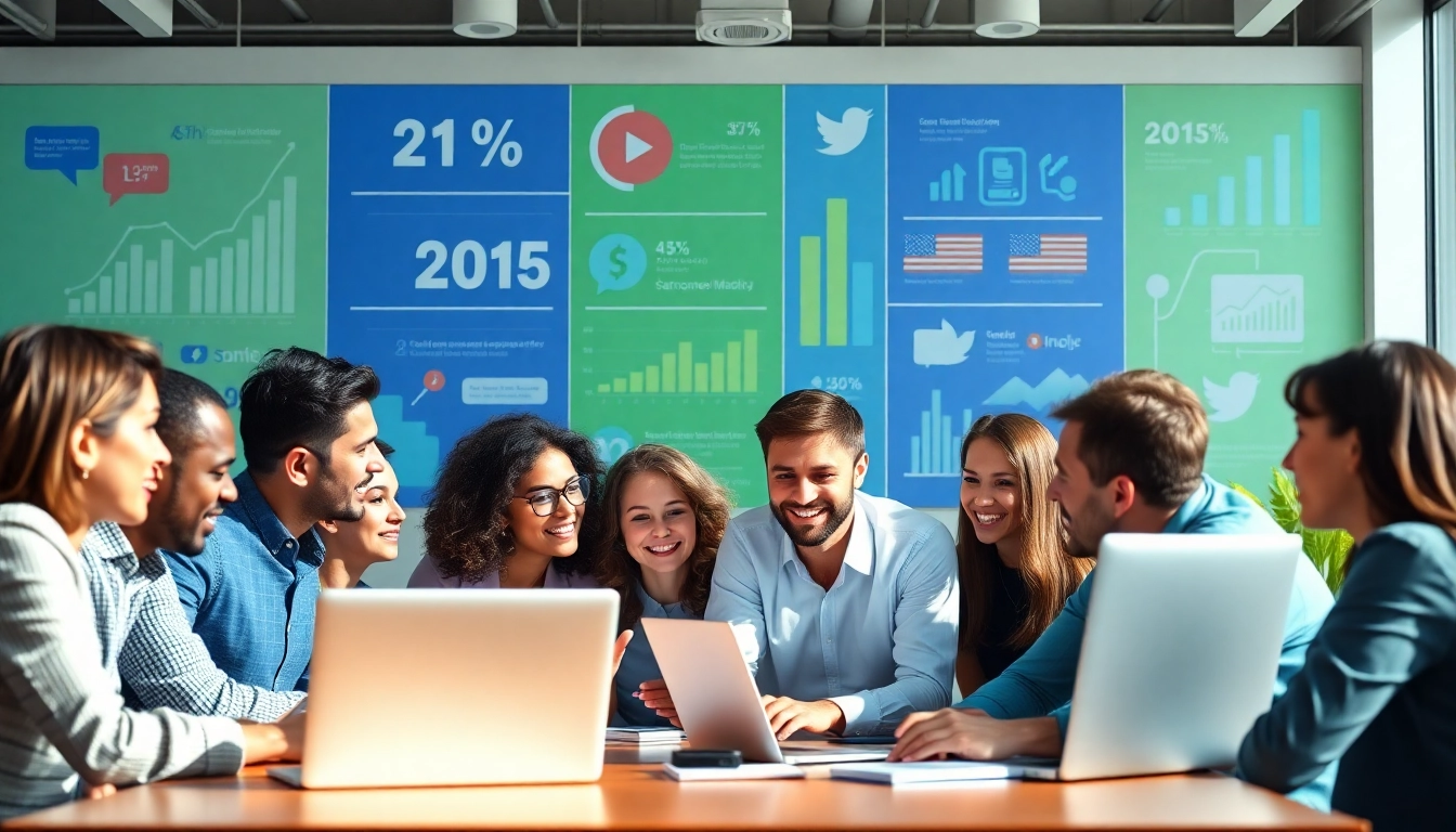 Engaged professionals at a social media agency brainstorming creative strategies.