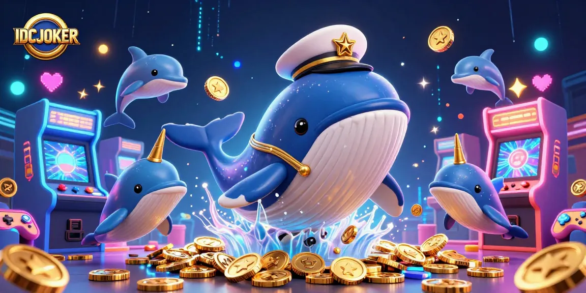 IDCJOKER offers a dynamic gaming experience with a cartoon whale and dolphins performing tricks in a sea of coins.