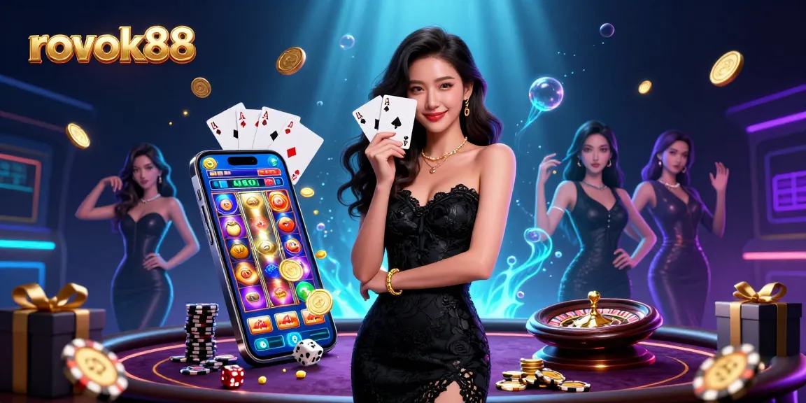 Experience thrilling gaming with rokok88, featuring an elegant woman holding playing cards amid casino excitement.