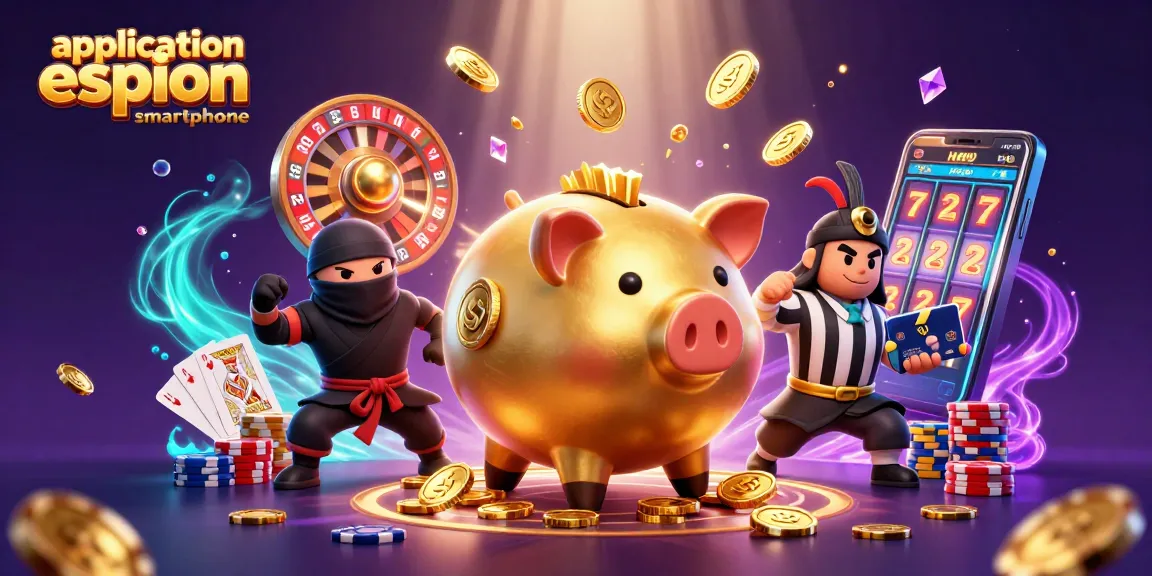 Examinez application espion smartphone avec des personnages de casino et des éléments de jeu dynamiques.