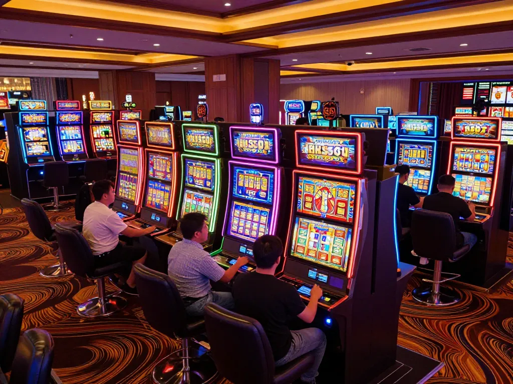 Players enjoying slot bet kecil on colorful machines in a lively casino environment.