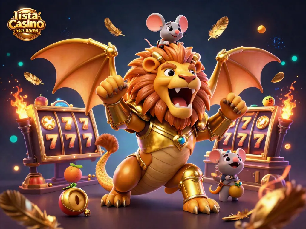 Gioca e vinci con la lista casino non AAMS, un'illustrazione 3D vibrante e colorata con slot e creature mitologiche.