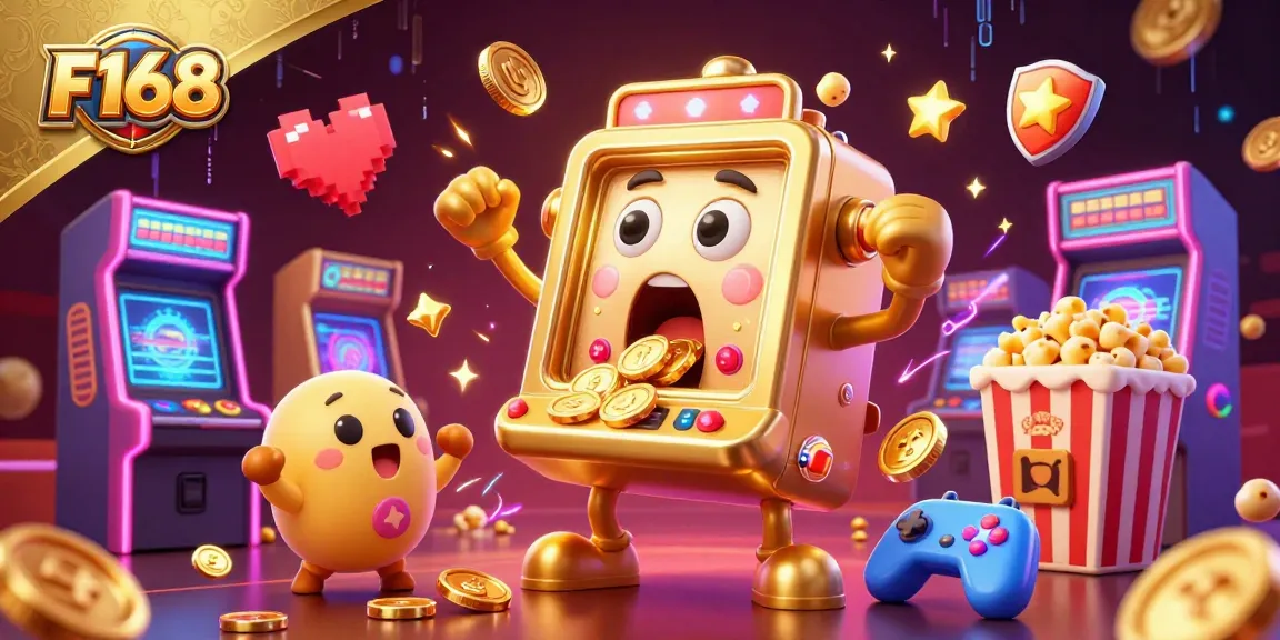 F168 slot machine wins big with coins spilling out in a colorful arcade casino scene.