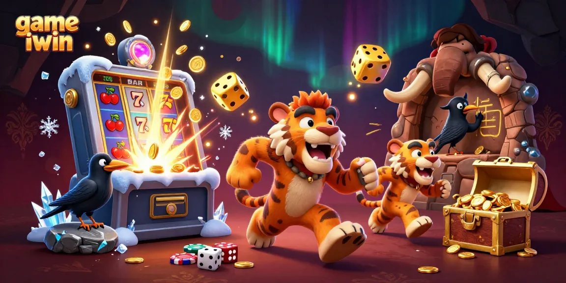 Experience game iwin with a vibrant casino scene featuring caveman duo and slot machine explosions.