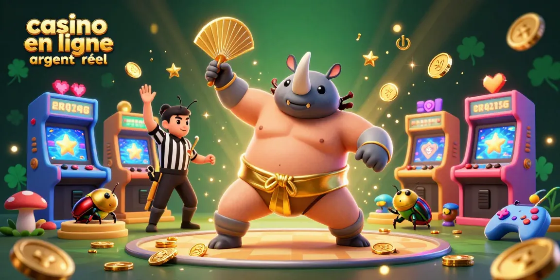 Animation dynamique avec un rhinocéros scarabée sumo champion, mettant en avant casino en ligne argent réel et des jeux colorés.