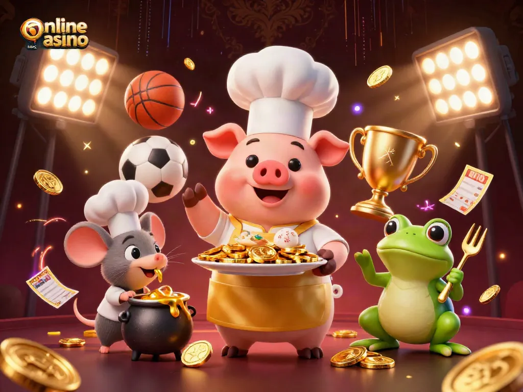 Engaging scene depicting chef pig presenting gold coins at an online casino Malaysia gala event.