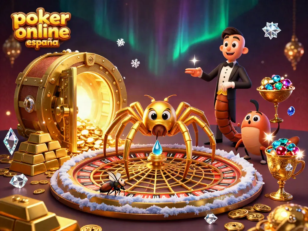 Descubre la emoción del póker online España en una escena vibrante con arañas y luces doradas.