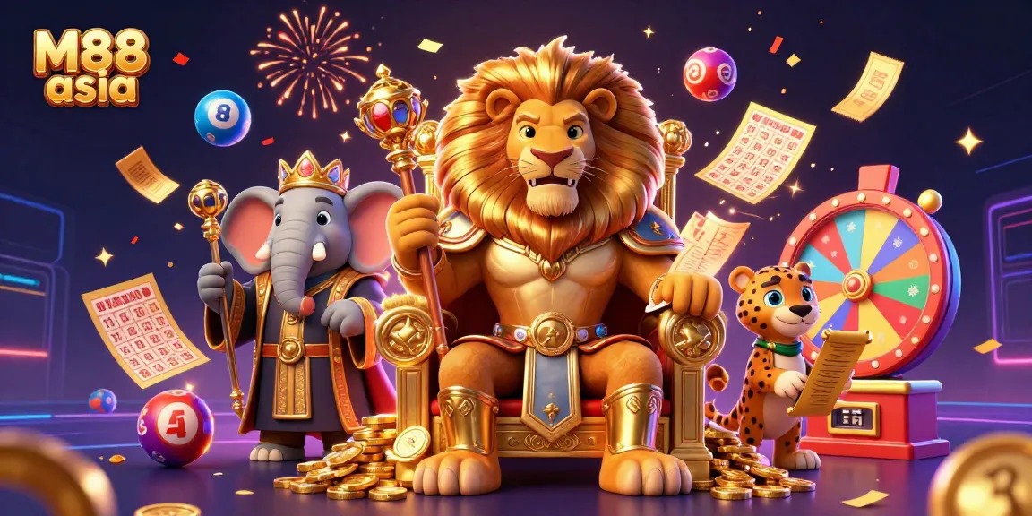 Play exciting games at M88 asia, featuring a dynamic scene with a king, advisor, and messenger amidst gaming symbols.