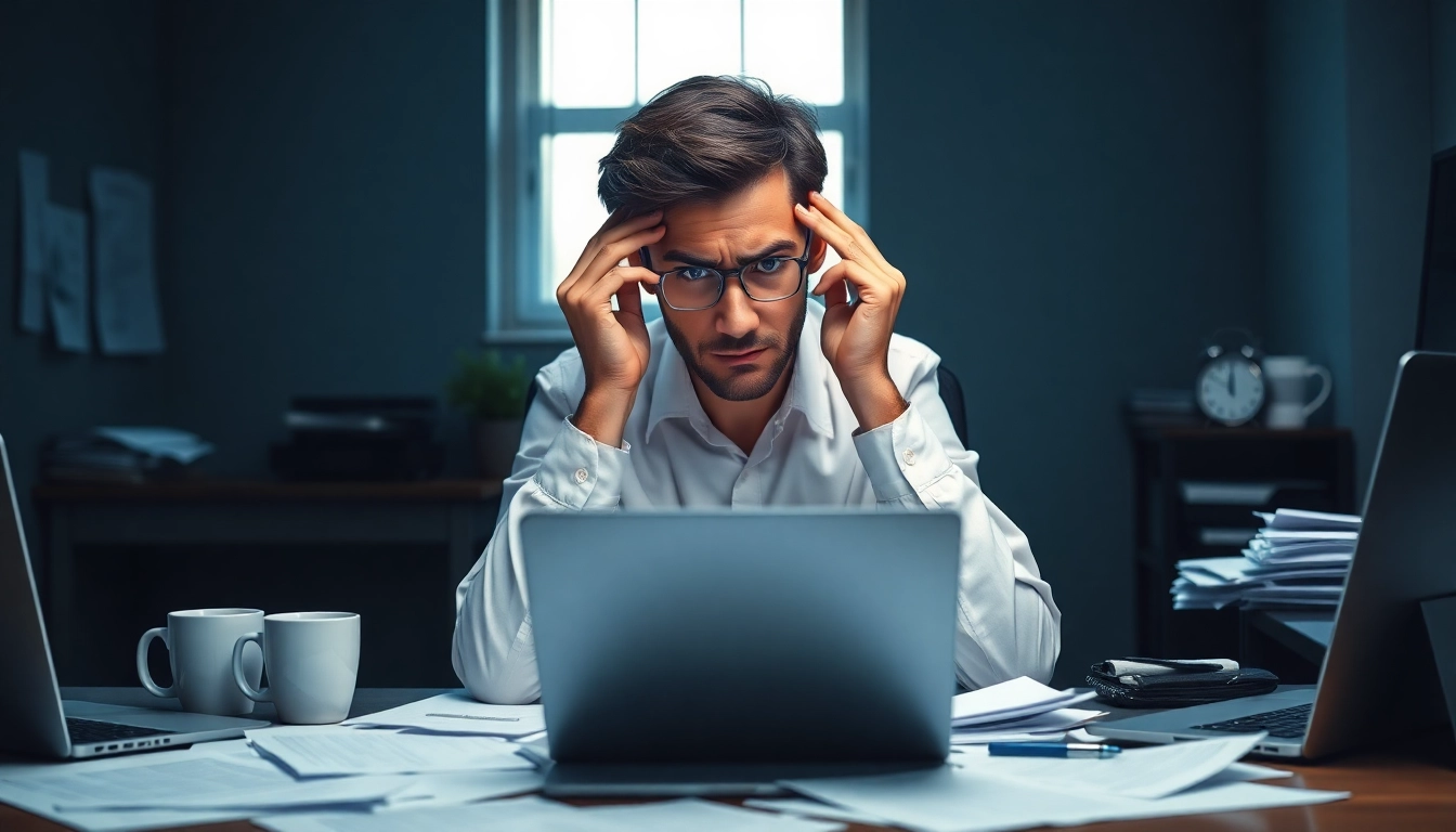 Illustration of a person experiencing brain fog, shown in a cluttered office environment.