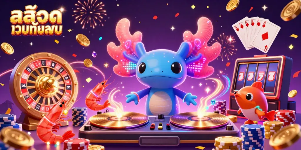 Experience vibrant gameplay with สล็อตเว็บตรงทั้งหมด featuring the axolotl DJ and lively dancers in a festive casino scene.