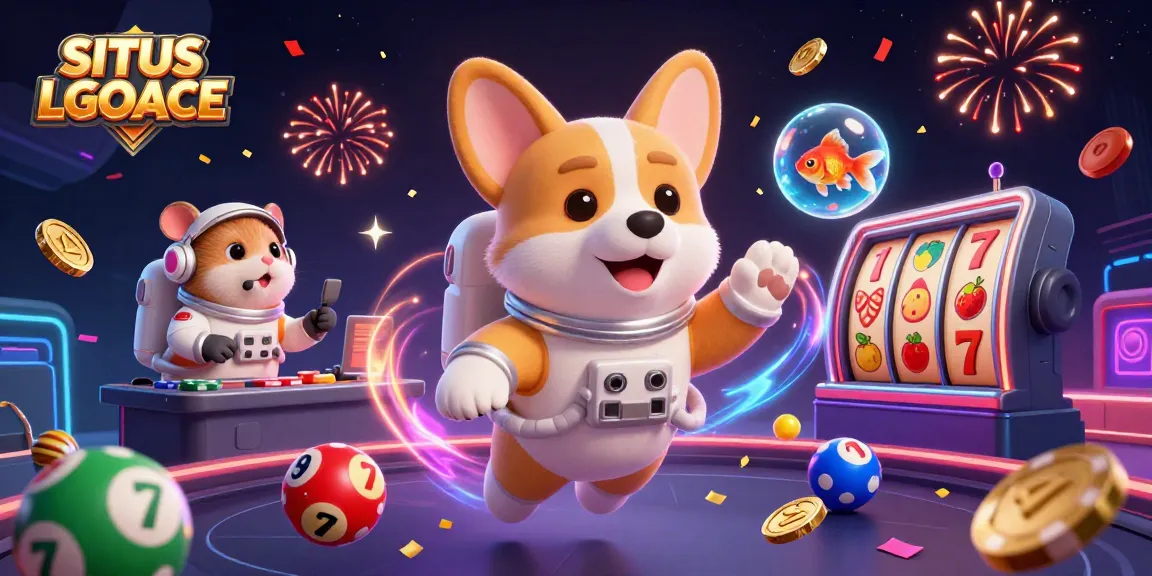 SITUS LGOACE offers thrilling slot games with an animated corgi, colorful lottery balls, and more in a vibrant casino scene.