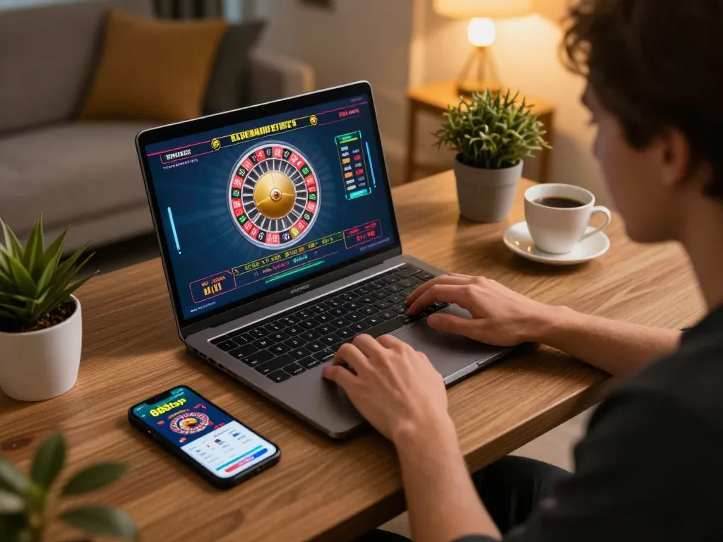 A player enjoying online roulette at 888top with smartphone and roulette game on screen