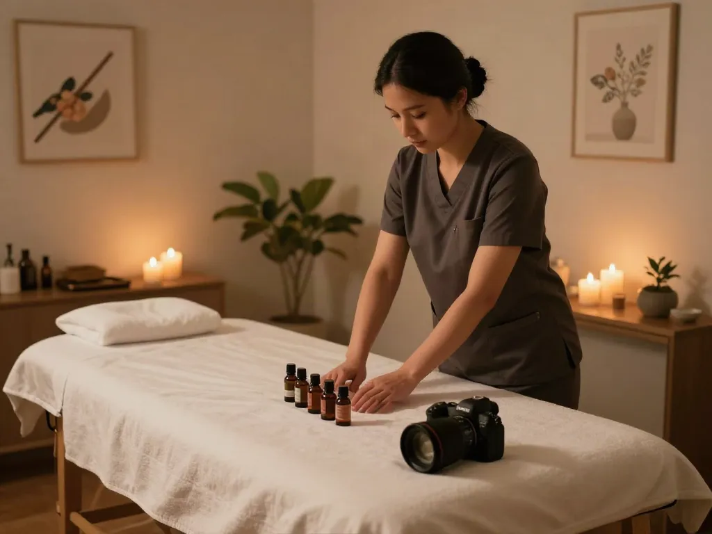 Relaxing setup for 출장마사지 therapy session with calming decor and essential oils.