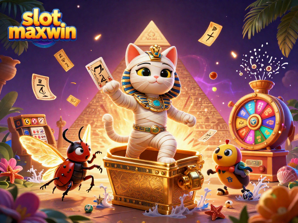 Experience the thrill of slot maxwin with an Egyptian mummy cat in a vibrant casino scene.