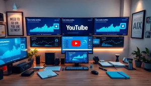 Enhance your YouTube smm panel experience with a modern office and analytics displays.