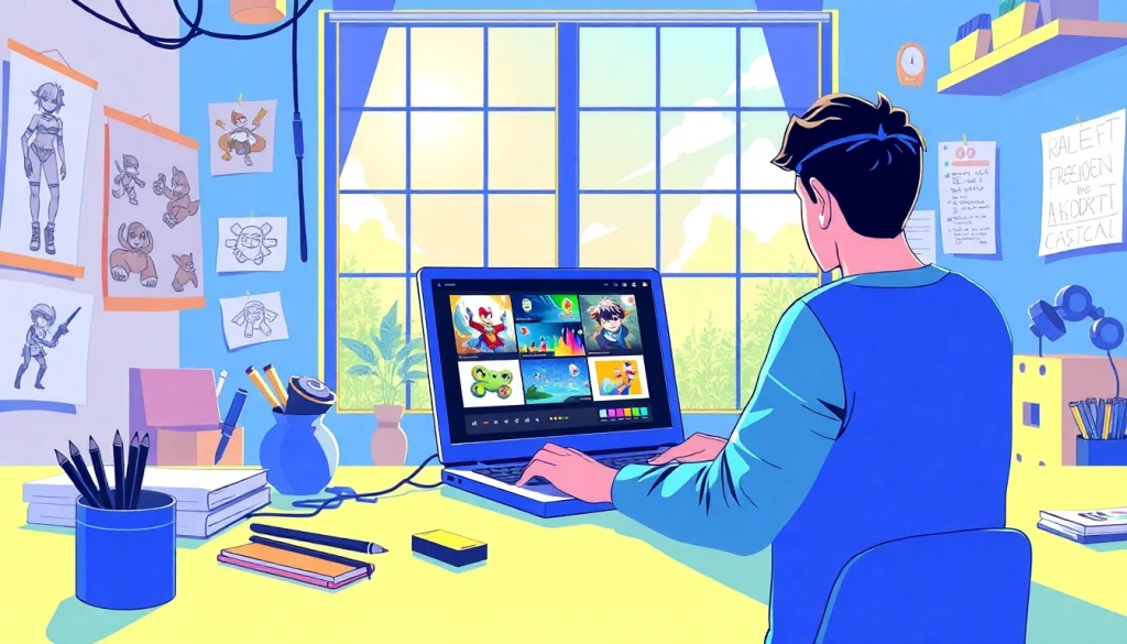 Illustration showcasing Freedom X in an innovative game development workspace.
