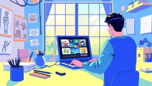 Illustration showcasing Freedom X in an innovative game development workspace.
