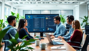 Engage with helpdesk support professionals in a modern office setting, showcasing teamwork and technology.