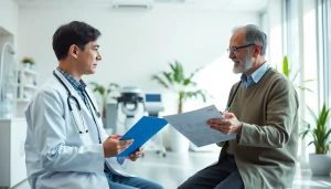 Discussing health strategies with a doctor in a modern clinic setting.