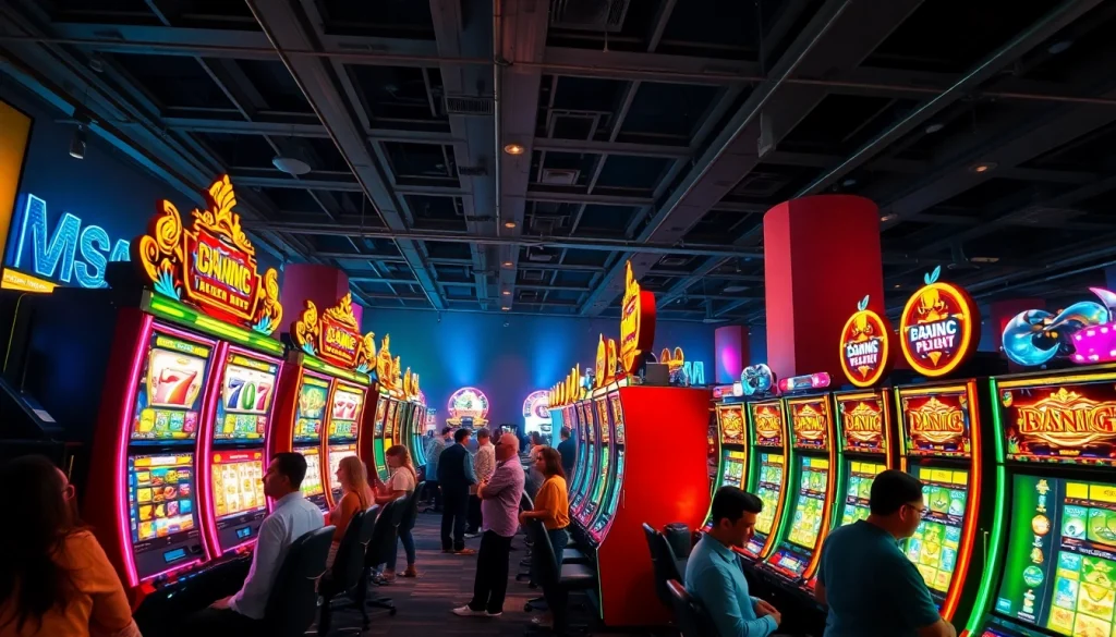 Permainan pakde4d slot yang menarik dengan mesin slot berwarna cerah dan pemain yang antusias.