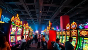 Permainan pakde4d slot yang menarik dengan mesin slot berwarna cerah dan pemain yang antusias.