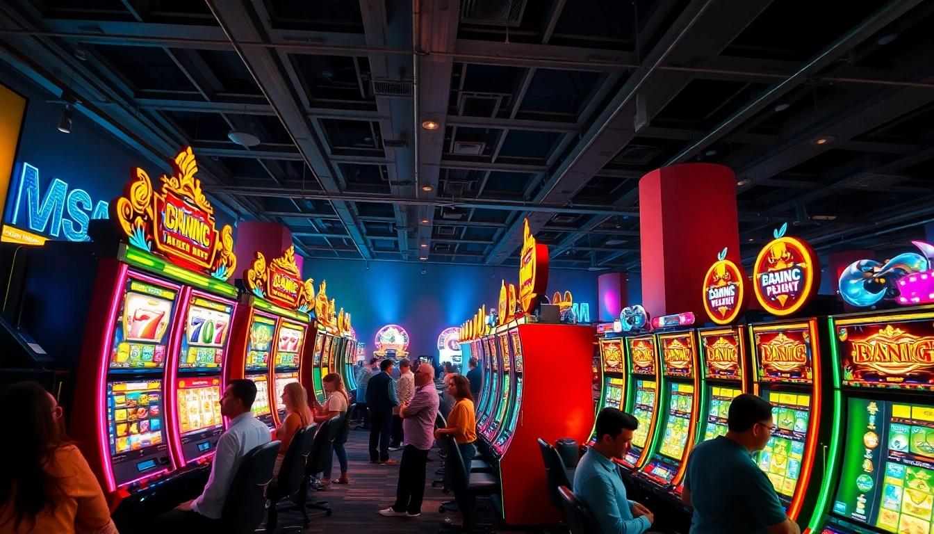 Permainan pakde4d slot yang menarik dengan mesin slot berwarna cerah dan pemain yang antusias.
