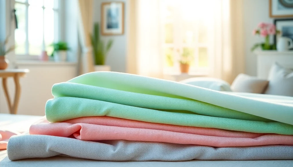 Katoenstoffen in verschillende kleuren en texturen, zorgvuldig vouwend in een gezellige ruimte.