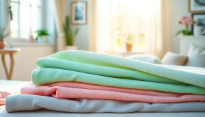 Katoenstoffen in verschillende kleuren en texturen, zorgvuldig vouwend in een gezellige ruimte.